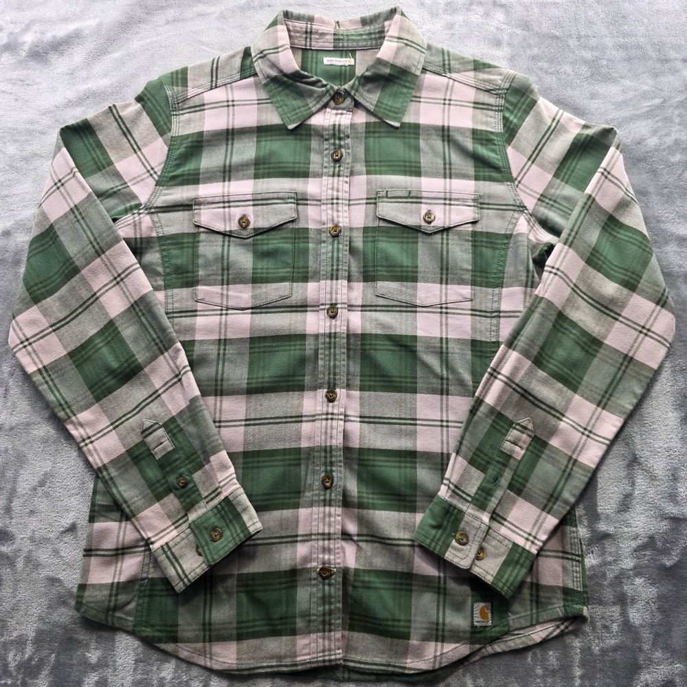 Carhartt Plaid Shirt M Green Pink Womens Button Up Cotton Stretch Flannel Work